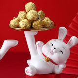 Maxbell Rabbit Statue Figurine Resin Decorative for Bookshelf Living Room Office Lying Down with Tray