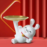 Maxbell Rabbit Statue Figurine Resin Decorative for Bookshelf Living Room Office Lying Down with Tray