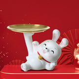 Maxbell Rabbit Statue Figurine Resin Decorative for Bookshelf Living Room Office Lying Down with Tray