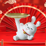 Maxbell Rabbit Statue Figurine Resin Decorative for Bookshelf Living Room Office Lying Down with Tray