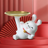 Maxbell Rabbit Statue Figurine Resin Decorative for Bookshelf Living Room Office Lying Down with Tray