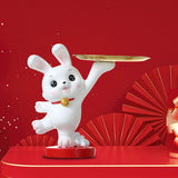 Maxbell Rabbit Statue Figurine Resin Decorative for Bookshelf Living Room Office Standing with Tray