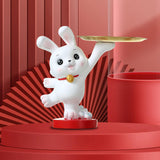 Maxbell Rabbit Statue Figurine Resin Decorative for Bookshelf Living Room Office Standing with Tray
