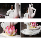 Maxbell Ceramic Buddha Hand Backflow Incense Holder Exquisite Workmanship Elegant Pink Flower White