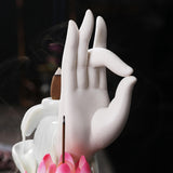 Maxbell Ceramic Buddha Hand Backflow Incense Holder Exquisite Workmanship Elegant Pink Flower White
