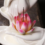Maxbell Ceramic Buddha Hand Backflow Incense Holder Exquisite Workmanship Elegant Pink Flower White
