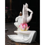 Maxbell Ceramic Buddha Hand Backflow Incense Holder Exquisite Workmanship Elegant Pink Flower White