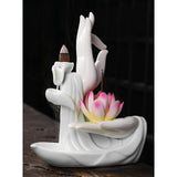 Maxbell Ceramic Buddha Hand Backflow Incense Holder Exquisite Workmanship Elegant Pink Flower White