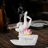 Maxbell Ceramic Buddha Hand Backflow Incense Holder Exquisite Workmanship Elegant Pink Flower White