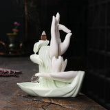 Maxbell Ceramic Buddha Hand Backflow Incense Holder Exquisite Workmanship Elegant White Flower Cyan