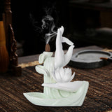 Maxbell Ceramic Buddha Hand Backflow Incense Holder Exquisite Workmanship Elegant White Flower Cyan