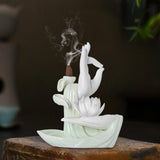 Maxbell Ceramic Buddha Hand Backflow Incense Holder Exquisite Workmanship Elegant White Flower Cyan
