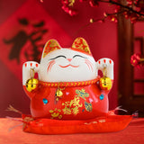 Maxbell Lucky Cat Statue Piggy Bank Animal Sculpture for New Year Decoration Red