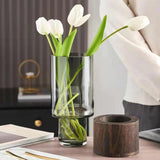Maxbell Modern Flower Vase Wood Base Cylinder Vases Table Centerpiece Glass Vase S