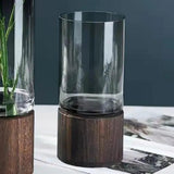 Maxbell Modern Flower Vase Wood Base Cylinder Vases Table Centerpiece Glass Vase S