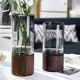 Maxbell Modern Flower Vase Wood Base Cylinder Vases Table Centerpiece Glass Vase M