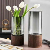 Maxbell Modern Flower Vase Wood Base Cylinder Vases Table Centerpiece Glass Vase L