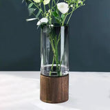 Maxbell Modern Flower Vase Wood Base Cylinder Vases Table Centerpiece Glass Vase L
