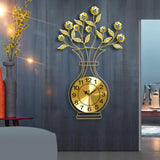 Maxbell Metal Wall Clock Decor Leaves Wall Ornament Vase Home Hallway Bedroom Metal Dial