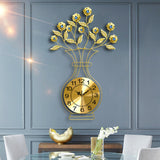 Maxbell Metal Wall Clock Decor Leaves Wall Ornament Vase Home Hallway Bedroom Metal Dial