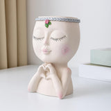 Maxbell Planter Pot Closed Eyes Outdoor Bowl Tabletop Decorative Face Shape Ornament White