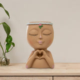 Maxbell Planter Pot Closed Eyes Outdoor Bowl Tabletop Decorative Face Shape Ornament Brown