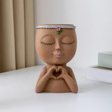 Maxbell Planter Pot Closed Eyes Outdoor Bowl Tabletop Decorative Face Shape Ornament Brown