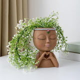 Maxbell Planter Pot Closed Eyes Outdoor Bowl Tabletop Decorative Face Shape Ornament Brown