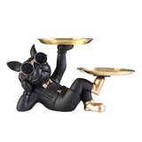 Maxbell Chic Resin French Bulldog Statue 2 Metal Trays with Glasses Home Decor Black