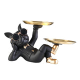 Maxbell Chic Resin French Bulldog Statue 2 Metal Trays with Glasses Home Decor Black