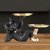 Maxbell Chic Resin French Bulldog Statue 2 Metal Trays with Glasses Home Decor Black
