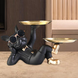 Maxbell Chic Resin French Bulldog Statue 2 Metal Trays with Glasses Home Decor Black