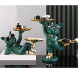 Maxbell Chic Resin French Bulldog Statue 2 Metal Trays with Glasses Home Decor Green