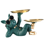 Maxbell Chic Resin French Bulldog Statue 2 Metal Trays with Glasses Home Decor Green