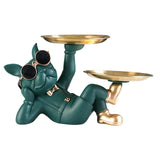 Maxbell Chic Resin French Bulldog Statue 2 Metal Trays with Glasses Home Decor Green