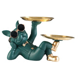 Maxbell Chic Resin French Bulldog Statue 2 Metal Trays with Glasses Home Decor Green