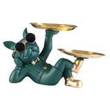 Maxbell Chic Resin French Bulldog Statue 2 Metal Trays with Glasses Home Decor Green