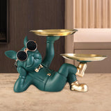 Maxbell Chic Resin French Bulldog Statue 2 Metal Trays with Glasses Home Decor Green