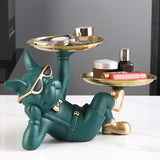 Maxbell Chic Resin French Bulldog Statue 2 Metal Trays with Glasses Home Decor Green