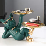 Maxbell Chic Resin French Bulldog Statue 2 Metal Trays with Glasses Home Decor Green