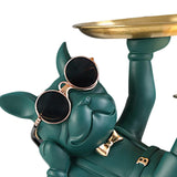 Maxbell Chic Resin French Bulldog Statue 2 Metal Trays with Glasses Home Decor Green