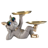 Maxbell Chic Resin French Bulldog Statue 2 Metal Trays with Glasses Home Decor Beige
