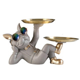 Maxbell Chic Resin French Bulldog Statue 2 Metal Trays with Glasses Home Decor Beige