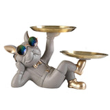 Maxbell Chic Resin French Bulldog Statue 2 Metal Trays with Glasses Home Decor Beige