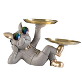 Maxbell Chic Resin French Bulldog Statue 2 Metal Trays with Glasses Home Decor Beige