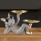 Maxbell Chic Resin French Bulldog Statue 2 Metal Trays with Glasses Home Decor Beige
