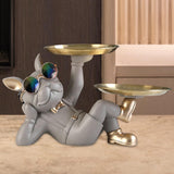 Maxbell Chic Resin French Bulldog Statue 2 Metal Trays with Glasses Home Decor Beige