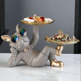 Maxbell Chic Resin French Bulldog Statue 2 Metal Trays with Glasses Home Decor Beige