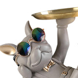 Maxbell Chic Resin French Bulldog Statue 2 Metal Trays with Glasses Home Decor Beige