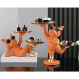 Maxbell Chic Resin French Bulldog Statue 2 Metal Trays with Glasses Home Decor Orange